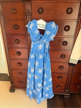 Blue Ruffled Maxi Dress with White Floral Print